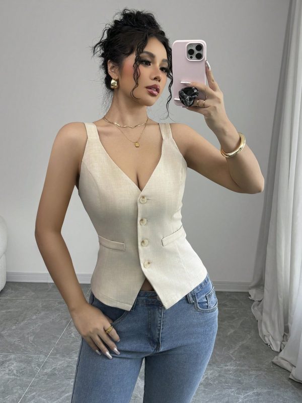 Elenzga Parte superior de tirantes casual y sencilla de color liso con botones delanteros