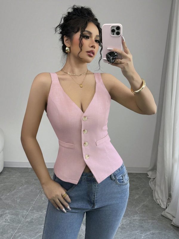 Elenzga Parte superior de tirantes casual y sencilla de color liso con botones delanteros - Imagen 9