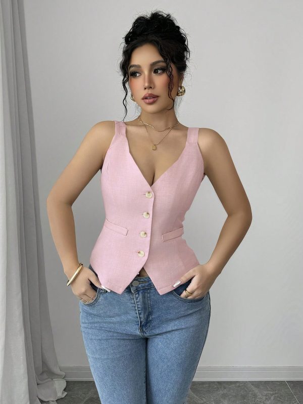 Elenzga Parte superior de tirantes casual y sencilla de color liso con botones delanteros - Imagen 11