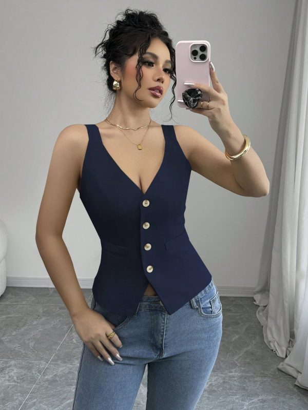 Elenzga Parte superior de tirantes casual y sencilla de color liso con botones delanteros - Imagen 17