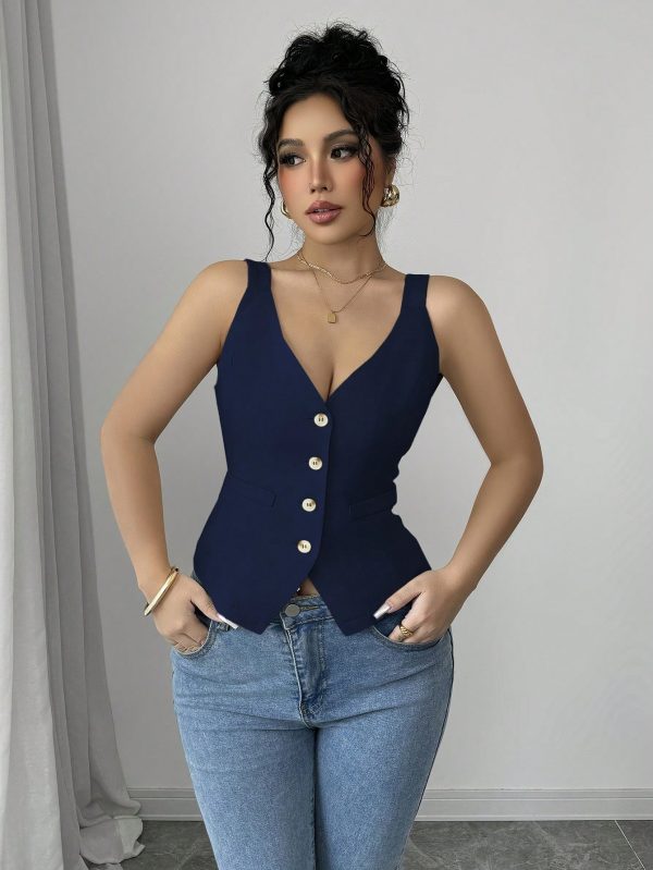 Elenzga Parte superior de tirantes casual y sencilla de color liso con botones delanteros - Imagen 20
