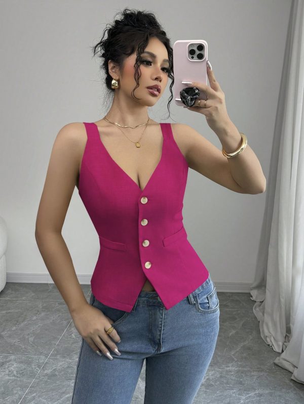 Elenzga Parte superior de tirantes casual y sencilla de color liso con botones delanteros - Imagen 41