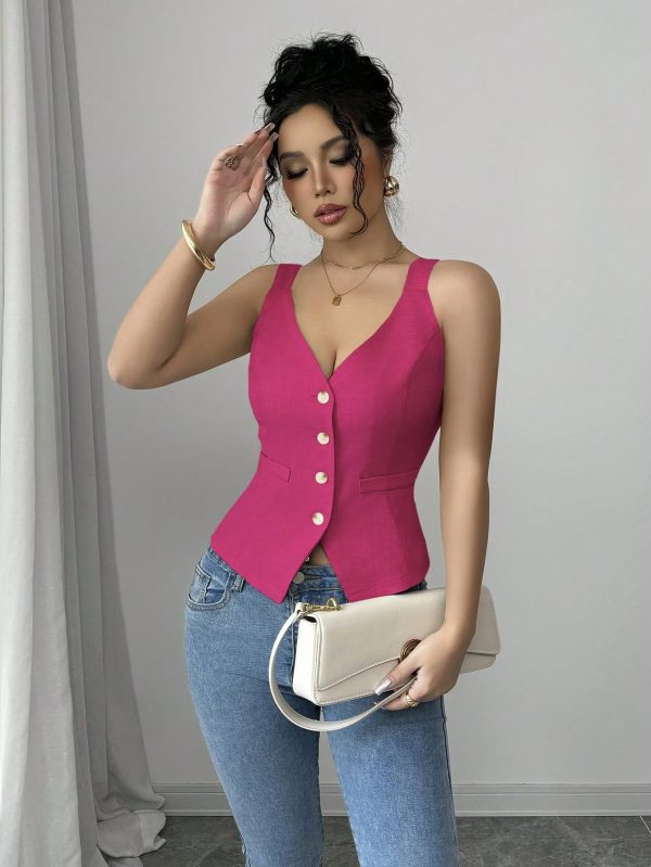 Elenzga Parte superior de tirantes casual y sencilla de color liso con botones delanteros - Imagen 48