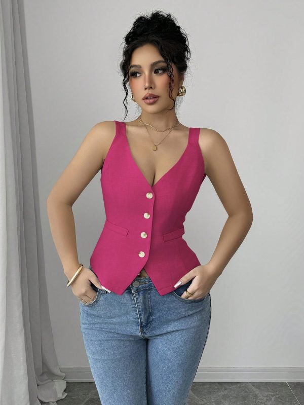 Elenzga Parte superior de tirantes casual y sencilla de color liso con botones delanteros - Imagen 47