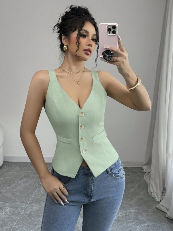 Elenzga Parte superior de tirantes casual y sencilla de color liso con botones delanteros - Imagen 33
