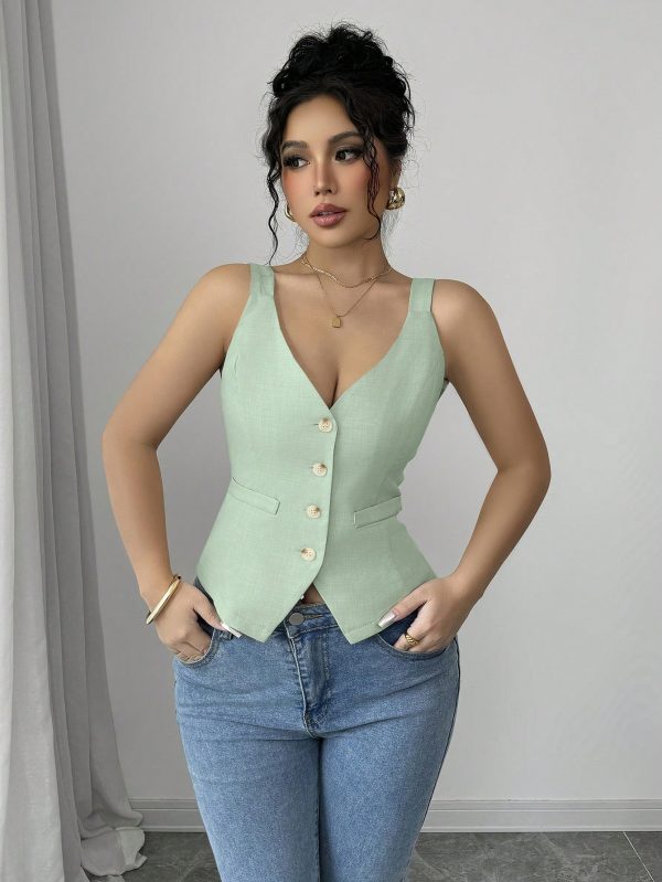 Elenzga Parte superior de tirantes casual y sencilla de color liso con botones delanteros - Imagen 35