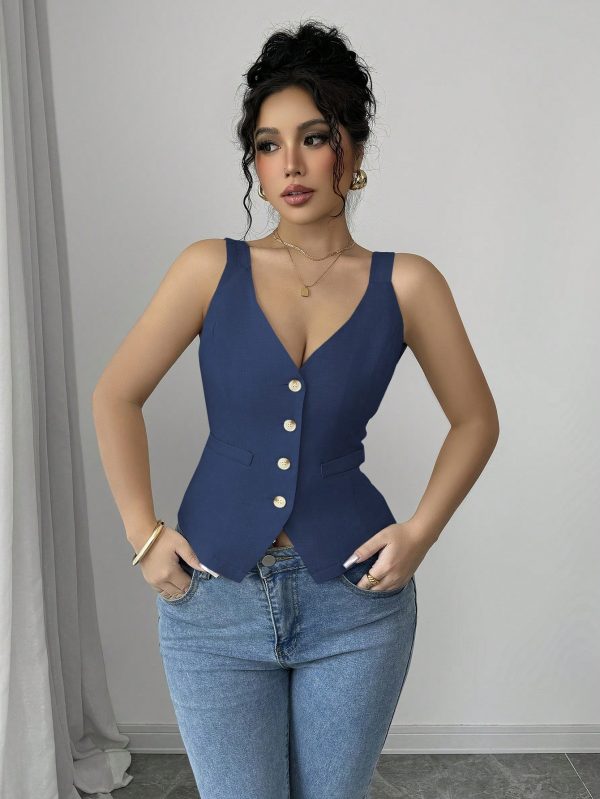 Elenzga Parte superior de tirantes casual y sencilla de color liso con botones delanteros - Imagen 30
