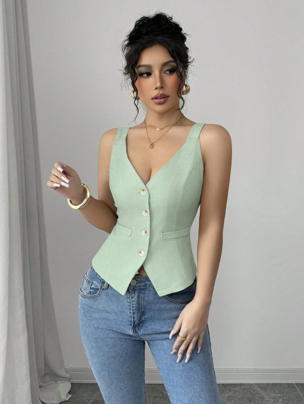 Elenzga Parte superior de tirantes casual y sencilla de color liso con botones delanteros - Imagen 38