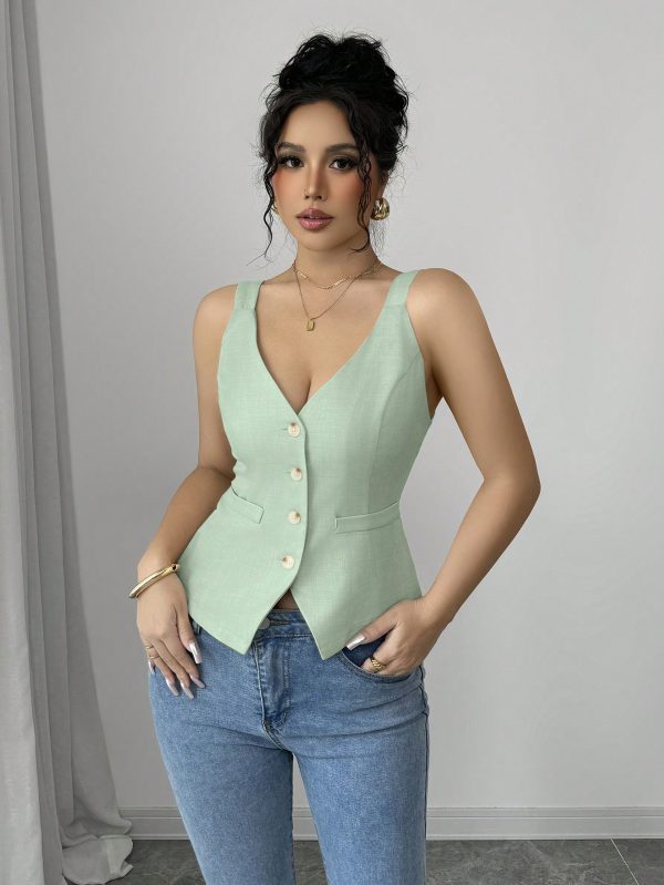 Elenzga Parte superior de tirantes casual y sencilla de color liso con botones delanteros - Imagen 39