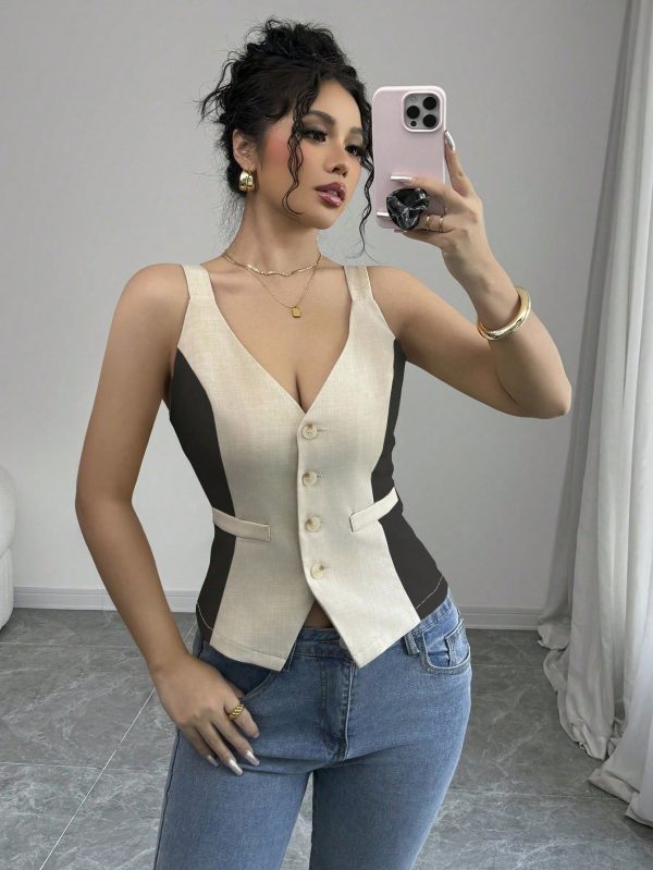 Elenzga Parte superior de tirantes casual y sencilla de color liso con botones delanteros - Imagen 49