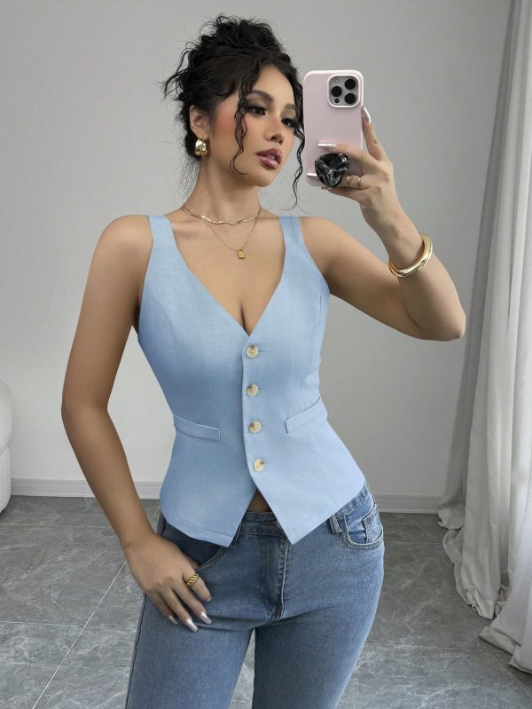 Elenzga Parte superior de tirantes casual y sencilla de color liso con botones delanteros - Imagen 63