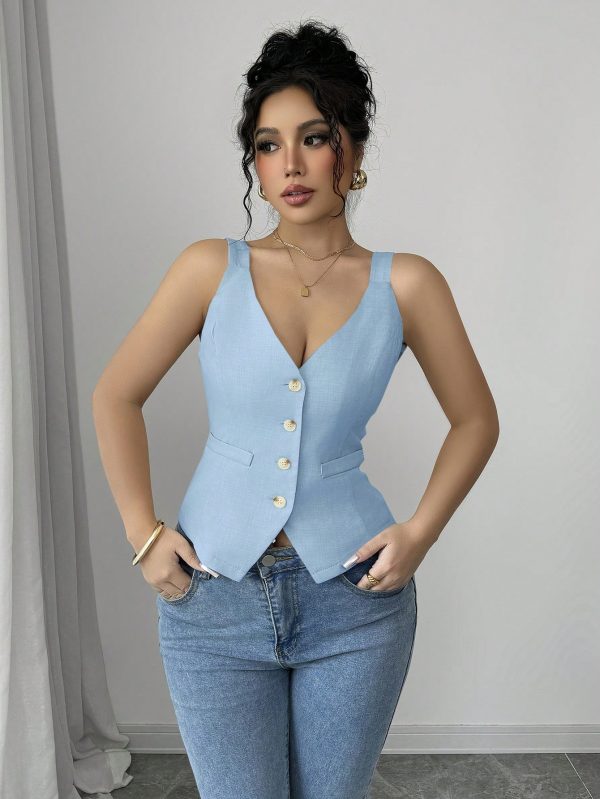 Elenzga Parte superior de tirantes casual y sencilla de color liso con botones delanteros - Imagen 69