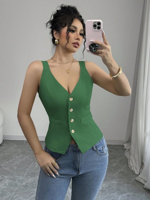 Elenzga Parte superior de tirantes casual y sencilla de color liso con botones delanteros - Imagen 78