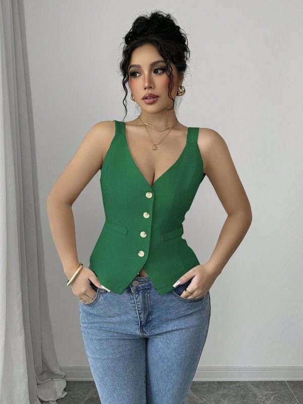 Elenzga Parte superior de tirantes casual y sencilla de color liso con botones delanteros - Imagen 84