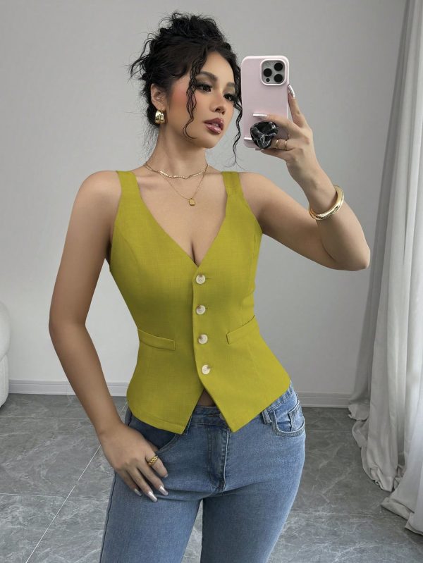 Elenzga Parte superior de tirantes casual y sencilla de color liso con botones delanteros - Imagen 86