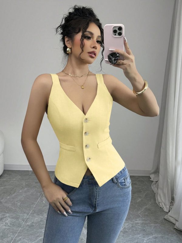 Elenzga Parte superior de tirantes casual y sencilla de color liso con botones delanteros - Imagen 94