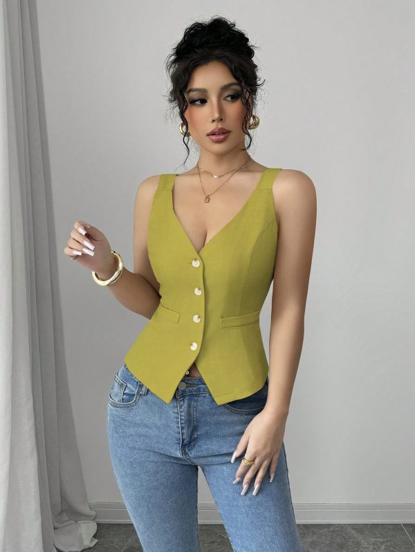 Elenzga Parte superior de tirantes casual y sencilla de color liso con botones delanteros - Imagen 89