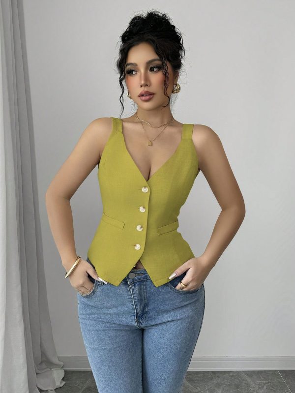 Elenzga Parte superior de tirantes casual y sencilla de color liso con botones delanteros - Imagen 90