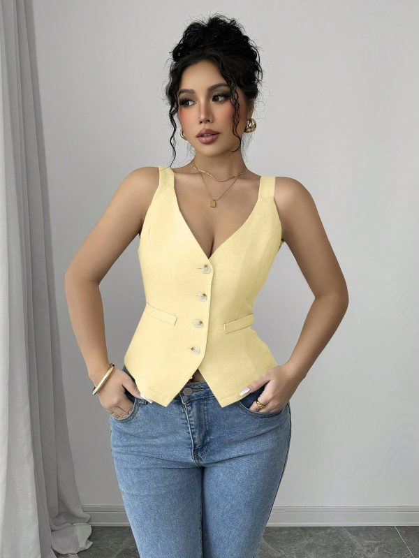 Elenzga Parte superior de tirantes casual y sencilla de color liso con botones delanteros - Imagen 100