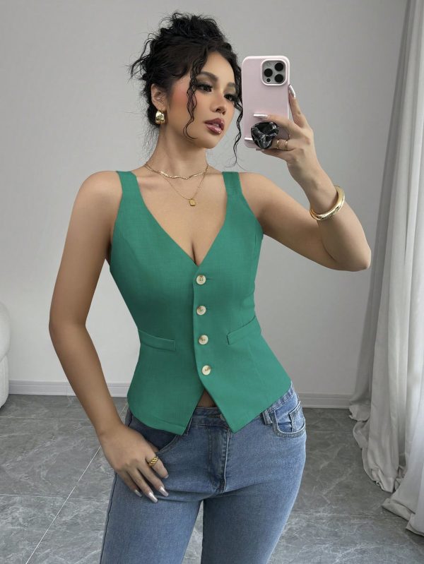 Elenzga Parte superior de tirantes casual y sencilla de color liso con botones delanteros - Imagen 102