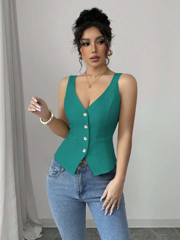 Elenzga Parte superior de tirantes casual y sencilla de color liso con botones delanteros - Imagen 105