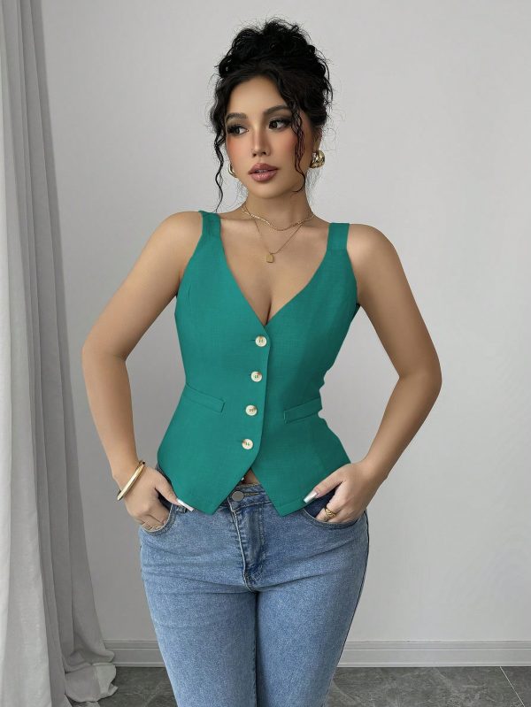 Elenzga Parte superior de tirantes casual y sencilla de color liso con botones delanteros - Imagen 107