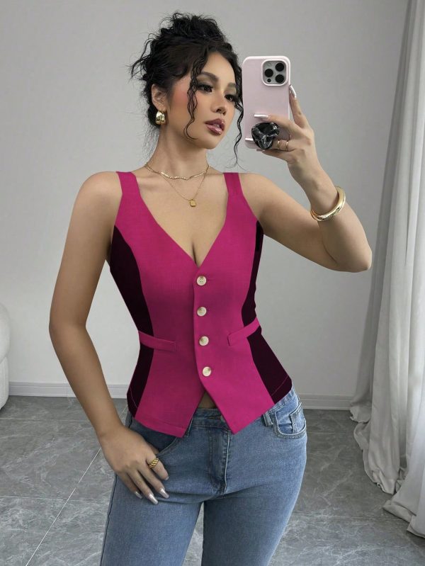Elenzga Parte superior de tirantes casual y sencilla de color liso con botones delanteros - Imagen 109
