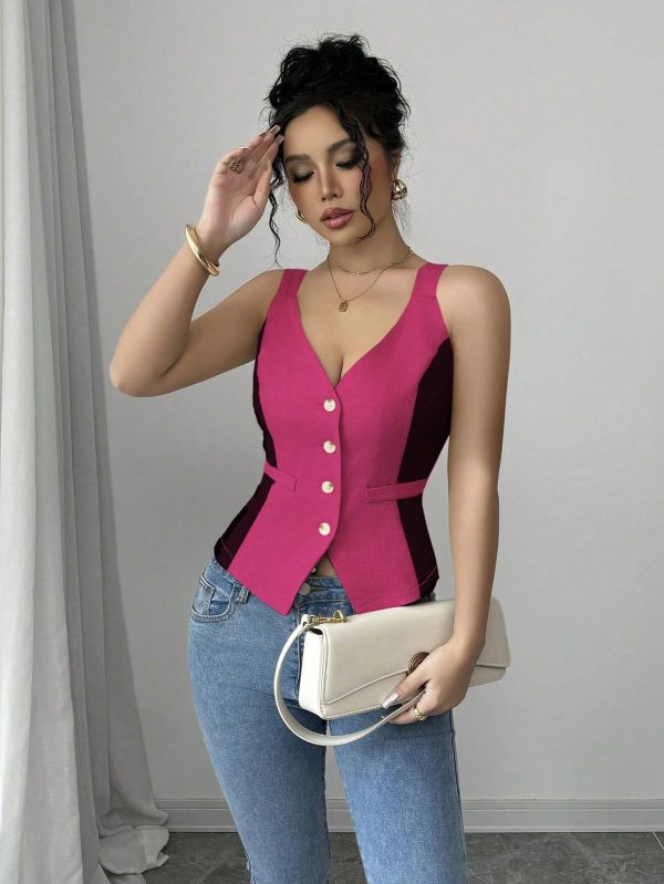 Elenzga Parte superior de tirantes casual y sencilla de color liso con botones delanteros - Imagen 111