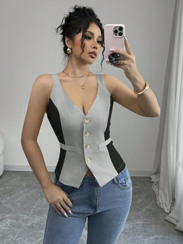 Elenzga Parte superior de tirantes casual y sencilla de color liso con botones delanteros - Imagen 116
