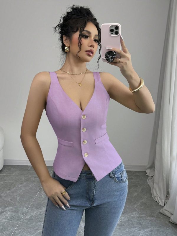 Elenzga Parte superior de tirantes casual y sencilla de color liso con botones delanteros - Imagen 123
