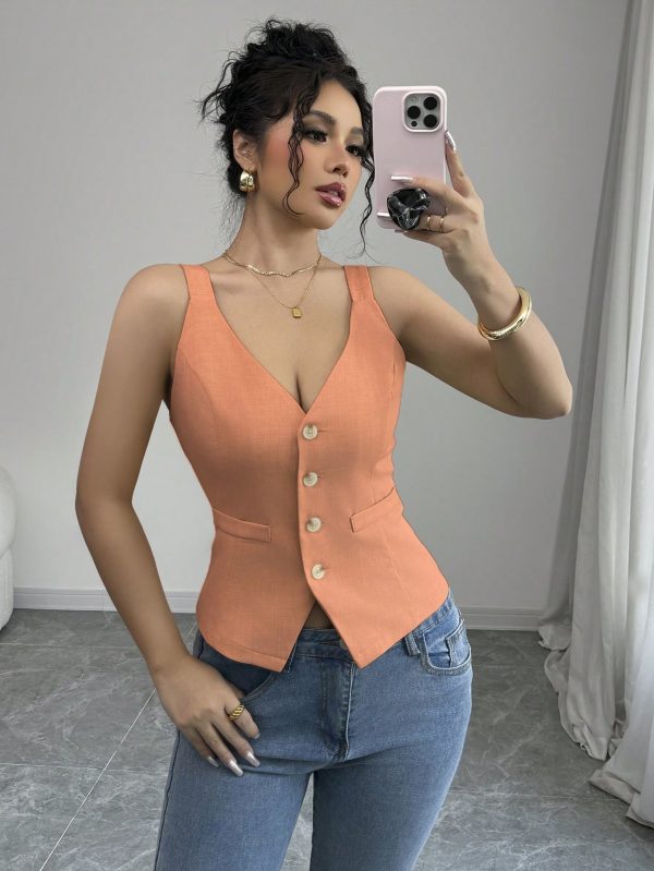Elenzga Parte superior de tirantes casual y sencilla de color liso con botones delanteros - Imagen 130