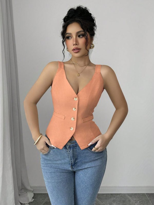 Elenzga Parte superior de tirantes casual y sencilla de color liso con botones delanteros - Imagen 133